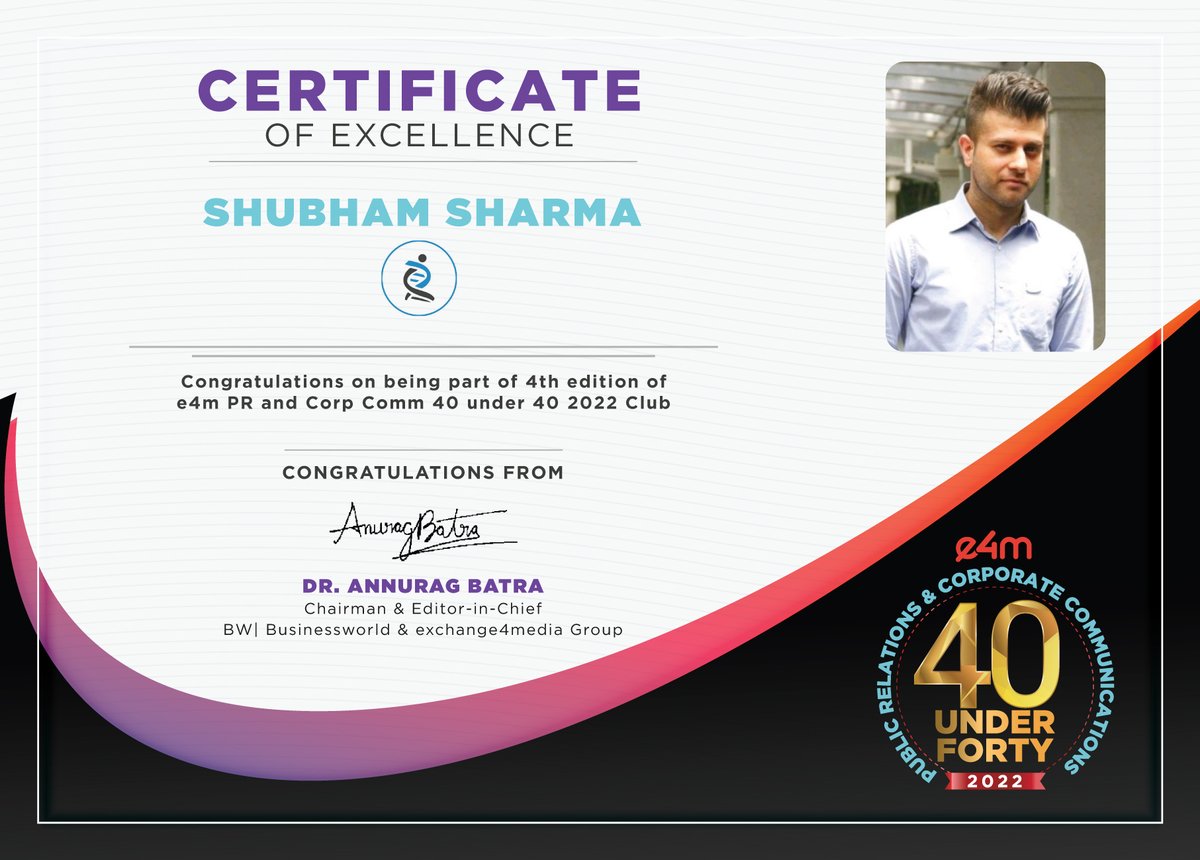 Congratulations to Shubham Sharma from 4baseCare Onco Solutions Pvt. Ltd. on being selected as the winner for e4m PR and Corp Comm 40 under 40 2022.

@anuragbatrayo | @nawalahuja | @karanbhatias

#e4mpr40under40 #e4m40under40 #e4mprawards #e4mPRCorpComm #awards #PR #CorpComm