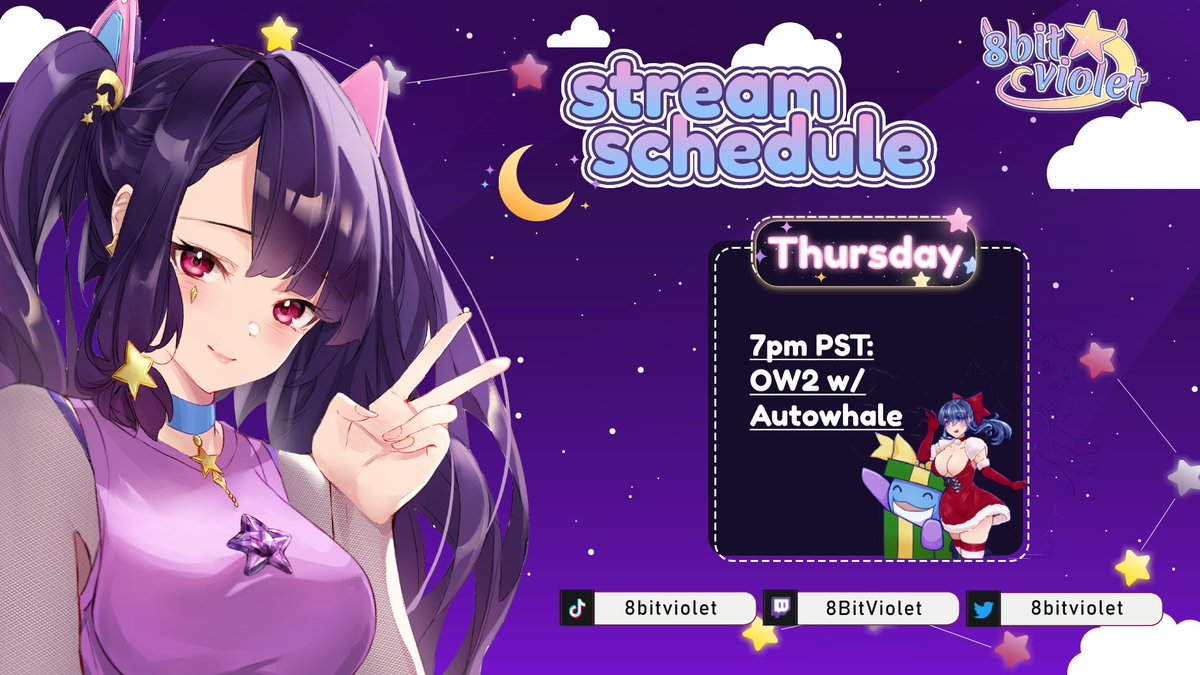 Streaming some OW2 w/ the kind <a href="/Auto_Kailani/">Auto & Kailani 🐳💙</a> this Thursday! Come and join us, it'll be fun! Next week, I have a special stream collab being prepared ;w; excited! Have a great week everyone~ 💜