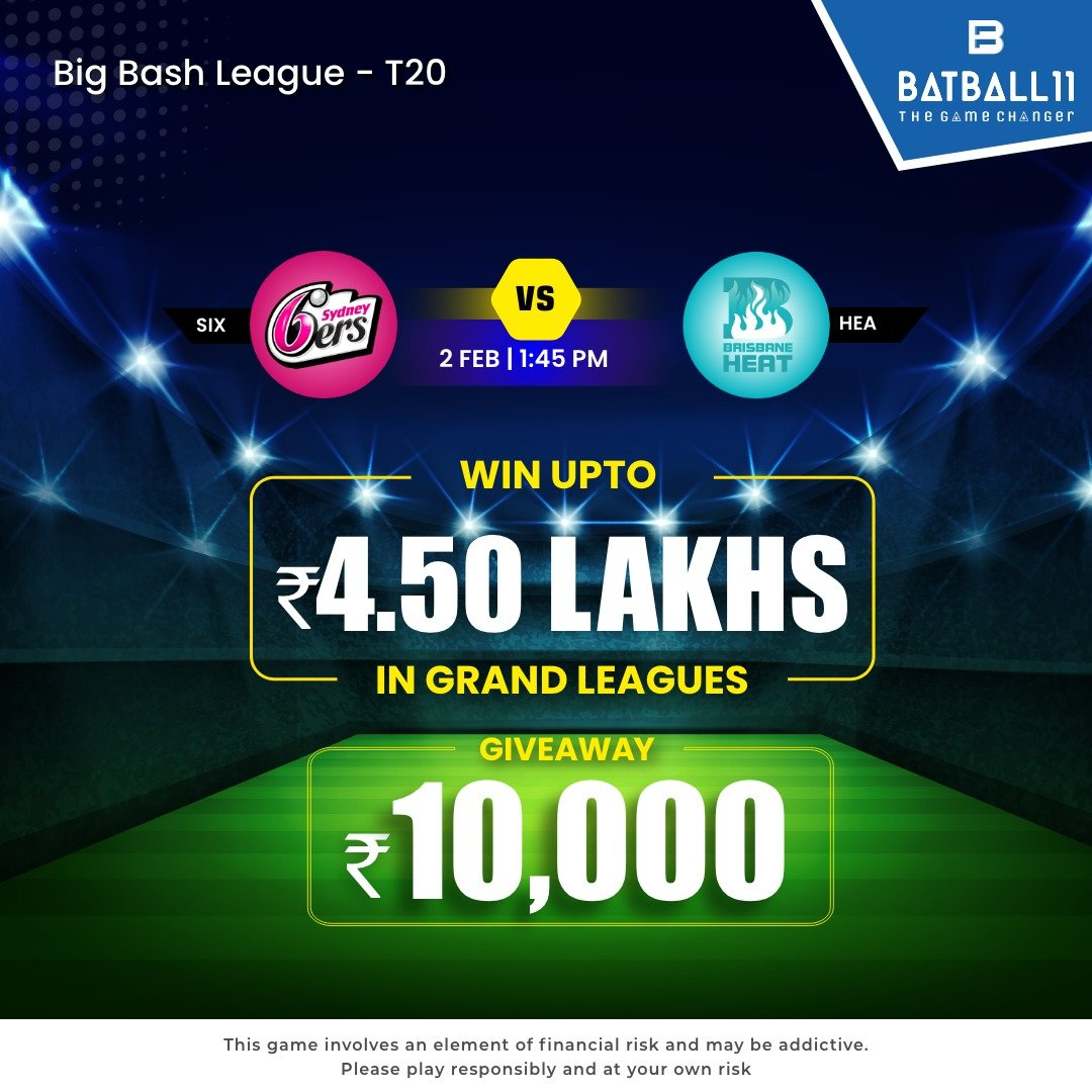 batballeleven's tweet photo. Hurry Up⏰ and Win Upto 4.50 Lakhs in Grand League💸
Also, Get a Chance to Win Upto ₹10,000 for FREE🤑 in Brisbane Heat Vs Sydney Sixers T20 Match
👉 Download the App Now: https://t.co/DeGJDVchoY
#FantasyCricket #Cricket #T20 #T20Cricket #BigBashLeague #BBL #BBLT20 #BatBall11 https://t.co/ac8djgKQ6e