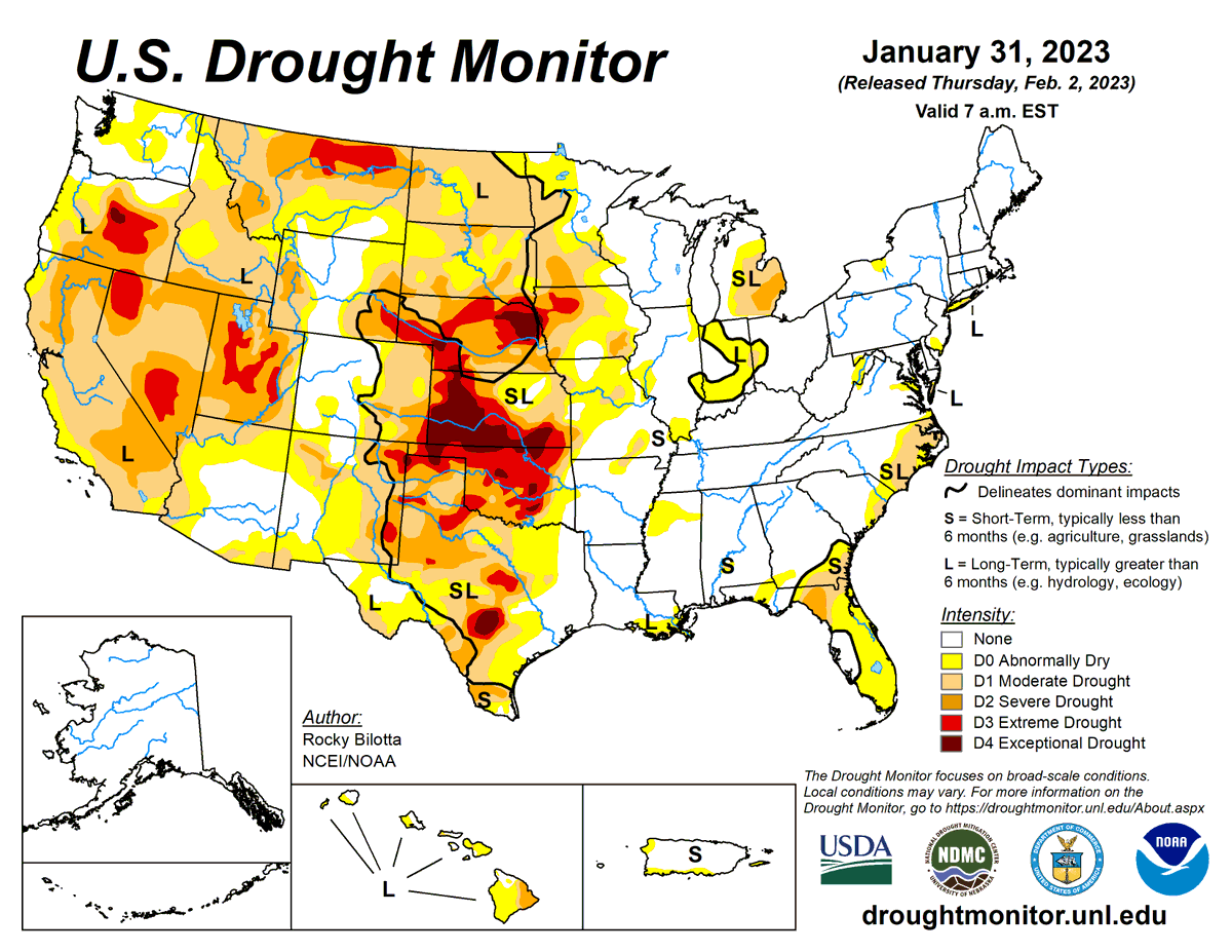 Drought Center (@droughtcenter) on Twitter photo U.S. Drought Monitor 2–2-2023:
The extent of #drought across the U.S. and Puerto Rico was roughly stable this week at 35.95%. But the population affected dropped to 76.5 million people, a 65-week low.
@DroughtGov <a href="/NOAANCEI/">NOAA NCEI</a> <a href="/USDAClimateHubs/">USDA Climate Hubs</a> @usdafsa <a href="/FarmersGov/">Farmers.gov</a> U.S. Drought Monitor 2–2-2023:
The extent of #drought across the U.S. and Puerto Rico was roughly stable this week at 35.95%. But the population affected dropped to 76.5 million people, a 65-week low.
@DroughtGov <a href="/NOAANCEI/">NOAA NCEI</a> <a href="/USDAClimateHubs/">USDA Climate Hubs</a> @usdafsa <a href="/FarmersGov/">Farmers.gov</a>