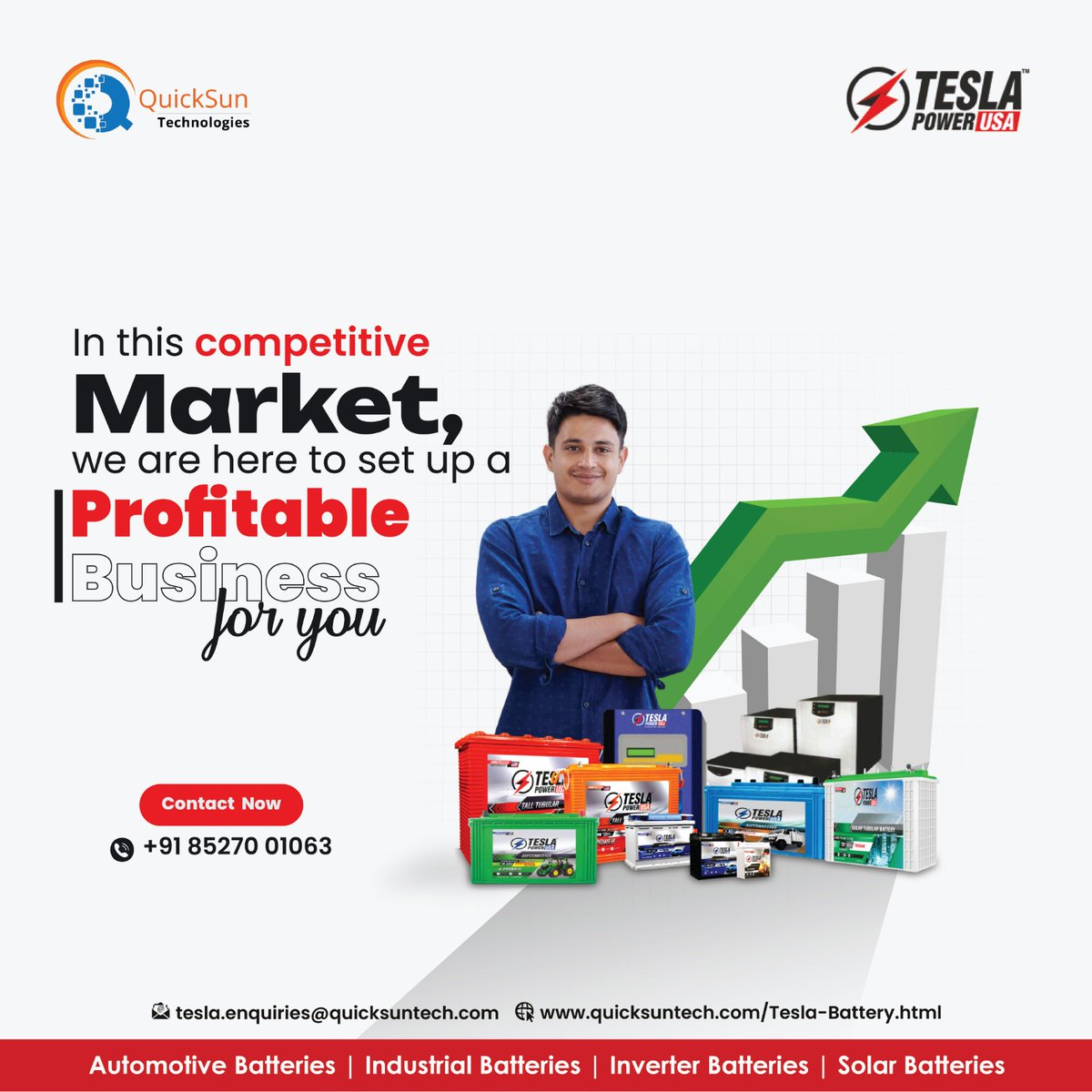 QuickSun Technologies is helping you to set up a business in any city in India. But what will you do in this business? We will enable you to sell the batteries of Tesla Power USA in India.