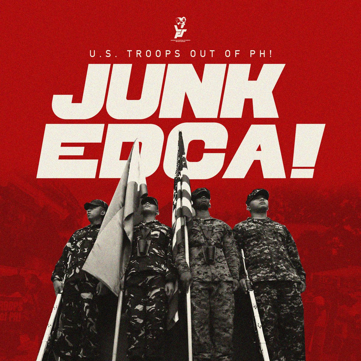 elepsbaguio's tweet photo. U.S. TROOPS OUT NOW! JUNK EDCA!

Iginigiit ng League of Filipino Students Metro Baguio, kasama ang hanay ng mga makabayang kabataan-estudyante, na walang lugar sa bansa ang mga pasista at manghuhuthot na imperyalistang estado ng US. https://t.co/VHdbgxWy2i