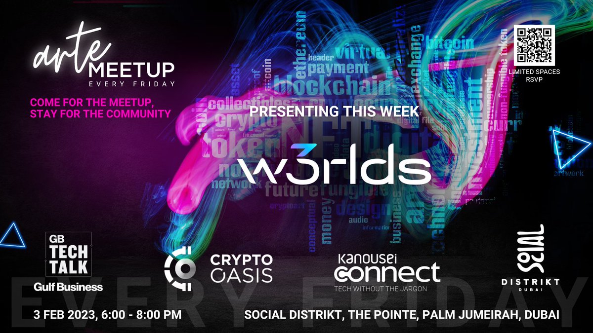 ArteCommunity_'s tweet photo. Come join us at #artemeetup tomorrow for a presentation about @w3rlds, a platform that enables users create custom virtual worlds, complete with virtual shopping, #gamification, social interaction and networking in a #Metaverse.

📅 Every Friday
👉RSVP: https://t.co/8XSk2YTQUz https://t.co/dmRC13R9Av