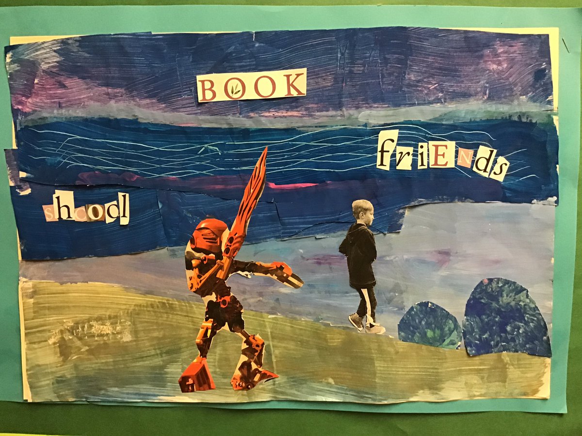 janeteacher2's tweet photo. Using collage to express our identities. We cut up pre-painted, textured pieces of paper and cut out pieces of magazines for words and the occasional supportive image. We are all different! What fun! #corecompetencies #positiveselfidentity #sd36learn @rosemaryheights https://t.co/EvKMr98OpB