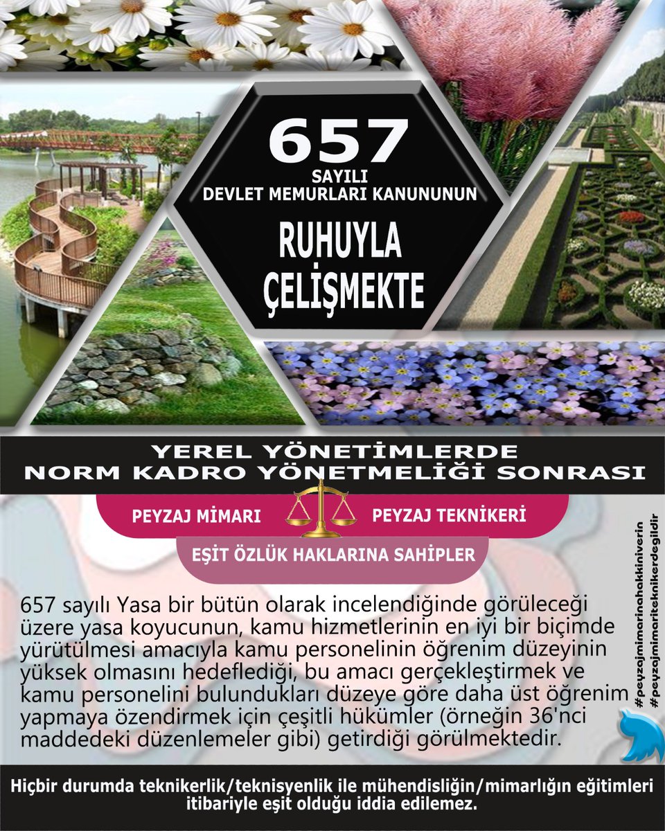 Sayın Vekilim <a href="/mustafaelitas/">Mustafa Elitaş</a>
50 yılı aşkın 4 yıllık fakültelerden mezun Peyzaj mimarı meslektaşlarımızın hatalı bir yorumlama ile tekniker seviyesinde istihdamı yanlış bir uygulama ve hak kaybıdır. Bu hatadan dönülmesi konusunda desteğinizi bekliyoruz. 
#PeyzajMimariHakAriyor