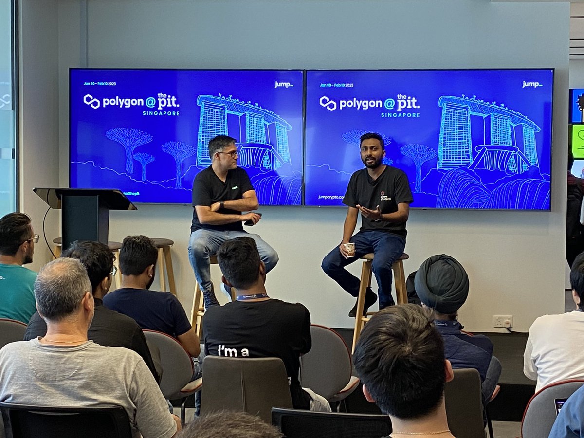 “Challenging the status quo”. Amazing fireside chat with <a href="/jdkanani/">Jaynti Kanani (JD)</a> and <a href="/zsparta/">Saurabh Sharma</a> happening right now at <a href="/jump_pit/">the Pit 🕳️</a> 🔥

<a href="/0xPolygonDevs/">0xPolygonDevs</a> @0xPolyAdvocates <a href="/0xPolygon/">Polygon | POL</a>