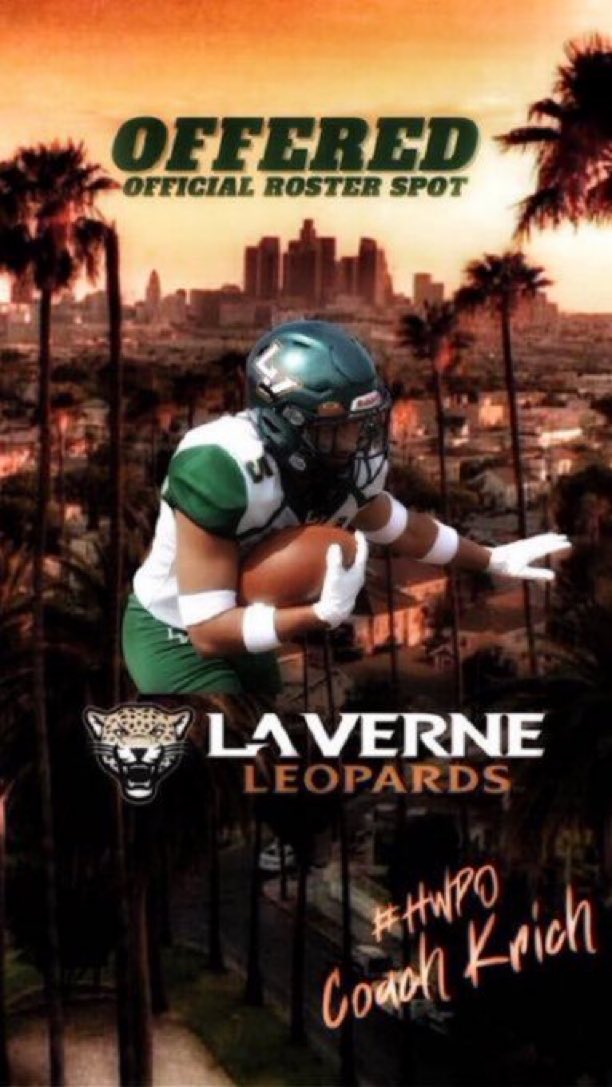 I am happy to announce I have received an offer to continue my academic and athletic career with the University of La Verne! Thank you Coach Adams and the entire coaching staff. <a href="/augustinoadams/">Augustino Adams</a> <a href="/CoachKrich/">Chris Krich</a> <a href="/UlvTom/">OL Coach Tom Martinez</a> <a href="/CoachMondini/">Coach Trent Mondini</a>  <a href="/CoachRMedeiros/">Coach Ricky Kalani Medeiros</a> <a href="/ULV_Football/">La Verne Leopards Football</a>