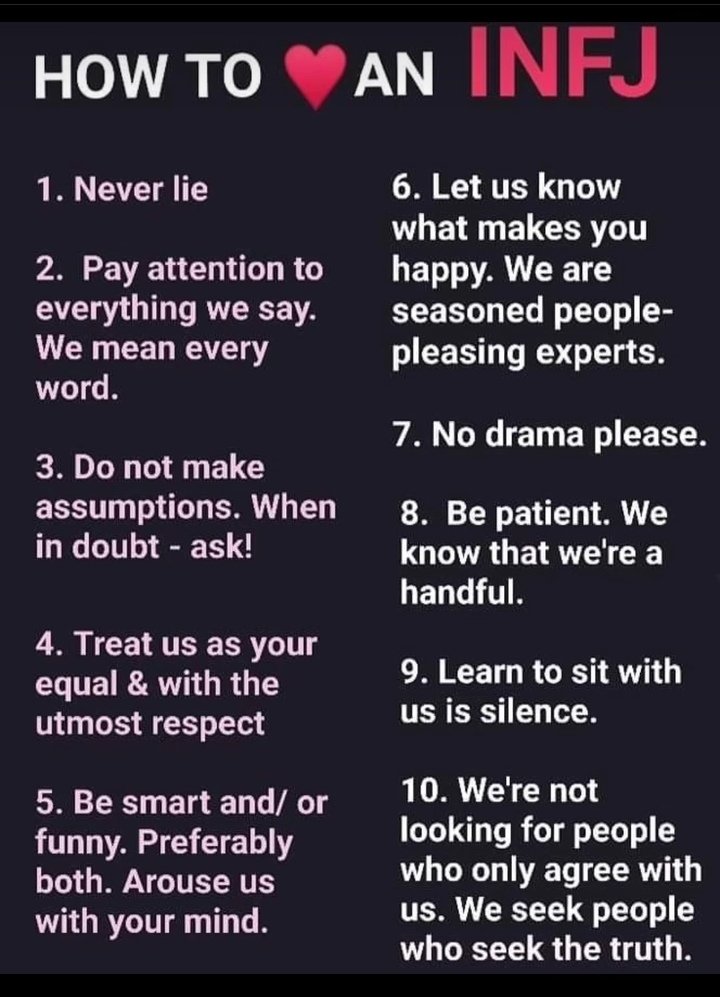 JoannaTech6669's tweet photo. ⚛ #IntrovertedIntuitiveFeelingJudging #Introverted #Intuitive #Feeling #Judging #INFJ #INFJA #Assertive #Ambivert #IntrovertedIntuitiveFeelingJudgingAssertive #MBTI #MyersBriggsTypeIndicator #MyersBriggs #Personality #Type ☯

How to be #Friend/#Lover of us to #Care/#Love us❦︎ https://t.co/0MwzPHwPwn