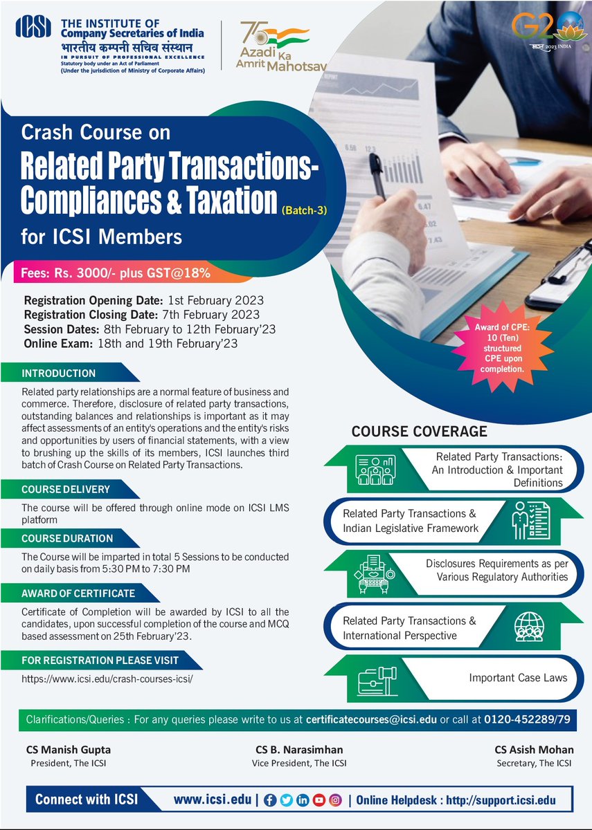 icsi_cs's tweet photo. Learn #RPT #Compliances with #ICSICrashCourse on #RelatedPartyTransactions #RegisterNow @ https://t.co/skhSOozy3K @g20org @AmritMahotsav @ManishGuptaRMG @PreetiKBanerjee https://t.co/30FmheCLc4