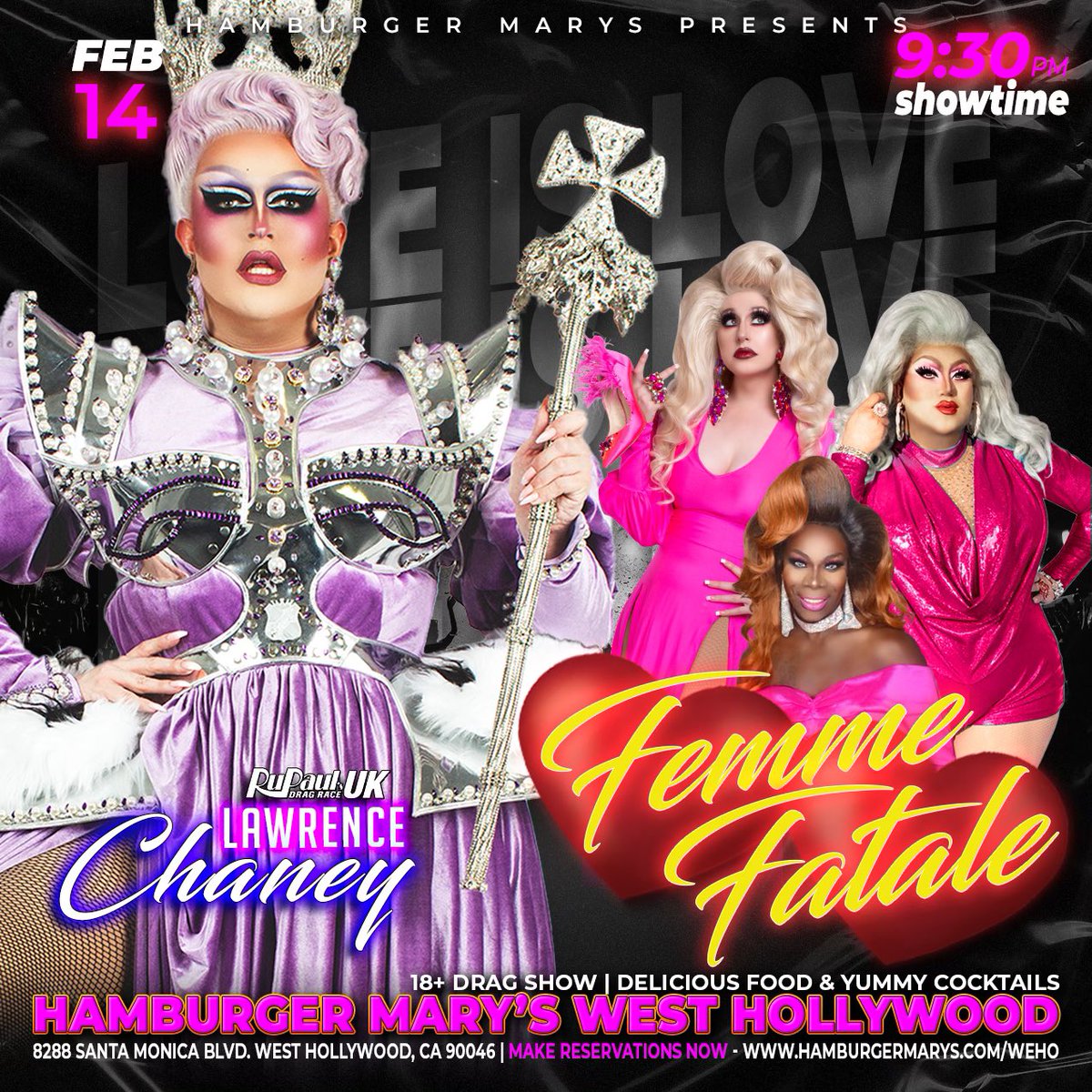 VALENTINES DAY - Roses are Red, Violets are Blue, this Valentines Day, Marys waiting for you! 8p Drag Show featuring Rupauls Drag Race UK Season 2 Winner Lawrence Chaney, Amber Crane &amp; Laylah Amor. Hosted by everyone’s dream valentine Dani Kay!  Make your reservations online now!