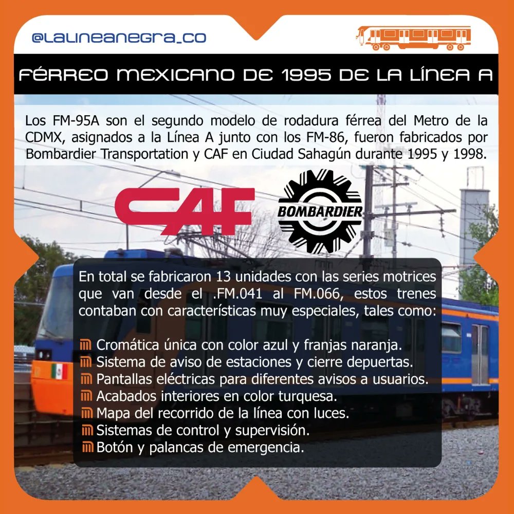 LaLineaNegra_Co's tweet photo. ¡Conoce un poco sobre los FM-95A! ✨
#Metro #STCMetro #MovilidadIntegrada #METROCDMX #CDMX #STC #MetroCDMX🚇 #MetroCDMX🚉 #MexicoCity #MetroMomento #MetroChilango #trenes #cdmx🇲🇽 #MetroFan #CNCF #Concarril #HistoriadelMetro #FM86 #FM95 #FM95A #Bombardier #CAF #LineaA #LíneaA https://t.co/8hMoenpq6F