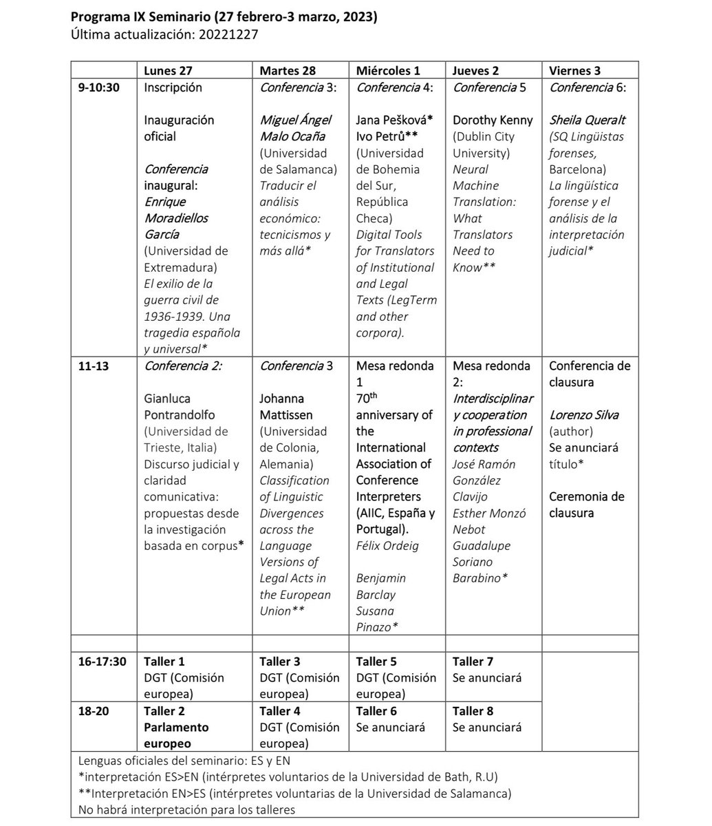 IX Seminario de Traducción Jurídica e Institucional para Organismos Internacionales
Salamanca🇪🇸: <a href="/docutradus/">Docutradus-Facultad de Traducción y Documentación</a> <a href="/usal/">Universidad de Salamanca</a>, 27 de febrero - 3 de marzo
Info: diarium.usal.es/stjuridica