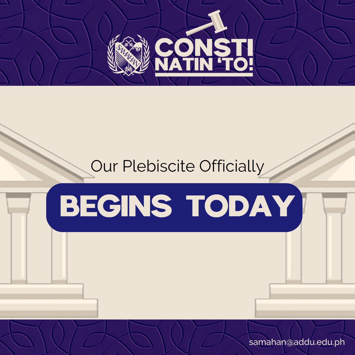 addusamahan's tweet photo. The plebiscite to the 2020 SAMAHAN Constitution officially begins TODAY! 

Let us exercise our right to vote for a better and more student-centric constitution! 📜

Cast your votes via: https://t.co/OLETtkwuKo

#ConstiNatinTo2023 https://t.co/MDpsim63IB