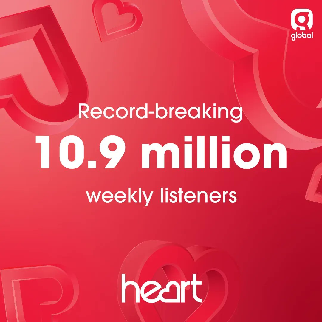 .<a href="/thisisheart/">Heart</a> reaches a record-breaking 10.9 million loyal listeners across the UK every week. The UK’s biggest commercial radio brand  ❤️ #RAJAR

Listen on <a href="/GlobalPlayer/">Global Player</a> 📲
