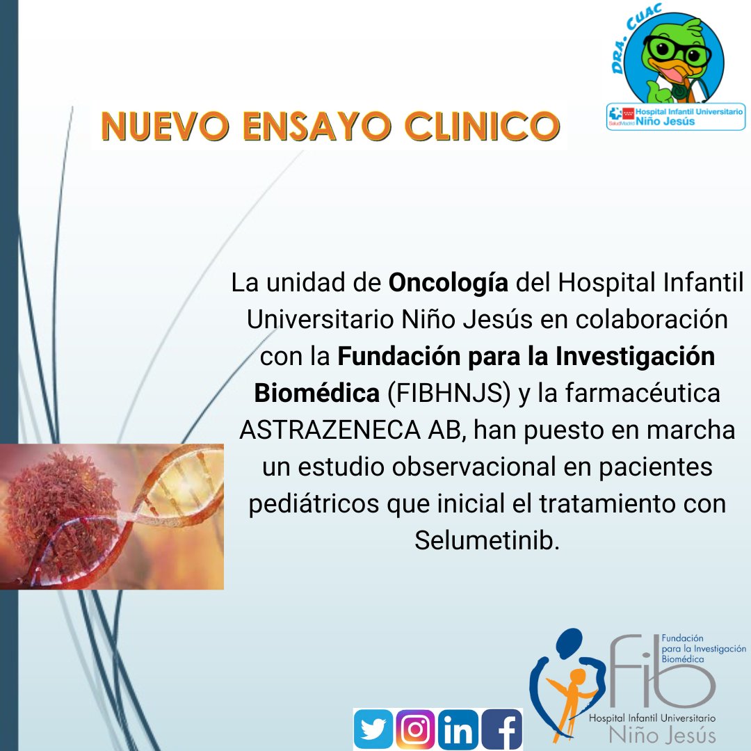 fibhnjs's tweet photo. 🧐 La unidad de #Oncología del #HNJS en colaboración con la @FIBHNJS y la farmacéutica ASTRAZENECA AB, han puesto en marcha un #estudioobservacional en pacientes #pediátricos que inicial el #tratamiento con Selumetinib.
#Investigación #pediatría #donainvestigación https://t.co/0FL2OfpKMc
