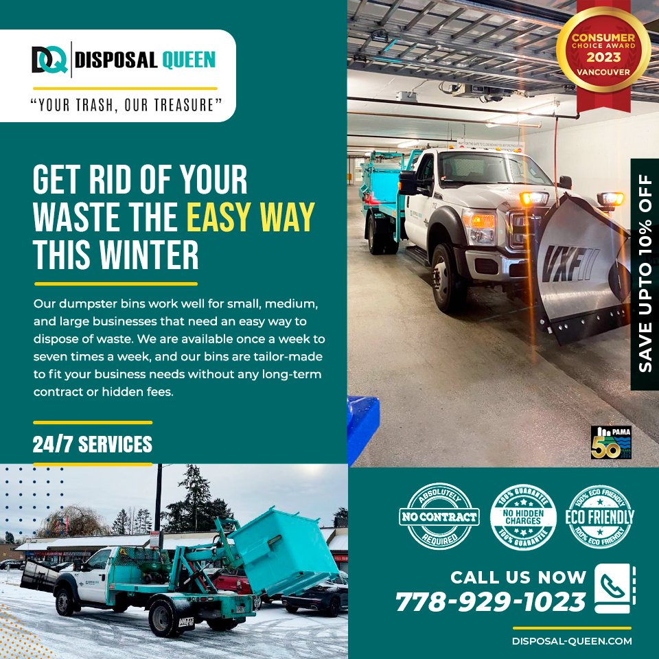 disposal_queen's tweet photo. Want to get rid of your waste the easy way? Then, we're the commercial garbage bin rental service for you.
To know more, please call us at:778-929-1023 or visit us at: https://t.co/FihpfJETZK
#DisposalQueen #Vancouver #WasteDisposal #DumpsterRentals #SnowRemoval #TrashContainer https://t.co/xTR3ywNXCp