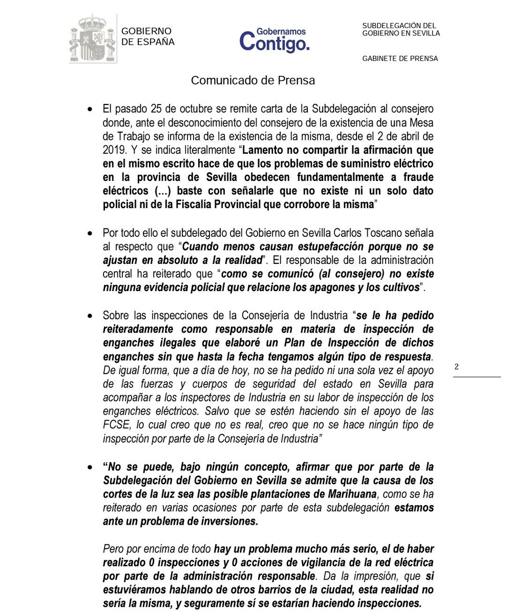 Comunicado de la Subdelegación del Gobierno en Sevilla desmintiendo al Consejero de Industria de la <a href="/AndaluciaJunta/">Junta de Andalucía</a> sobre las afirmaciones que realizó ayer en <a href="/ParlamentoAnd/">Parlamento Andalucía</a> sobre los cortes de luz en la ciudad de Sevilla #Comunicado