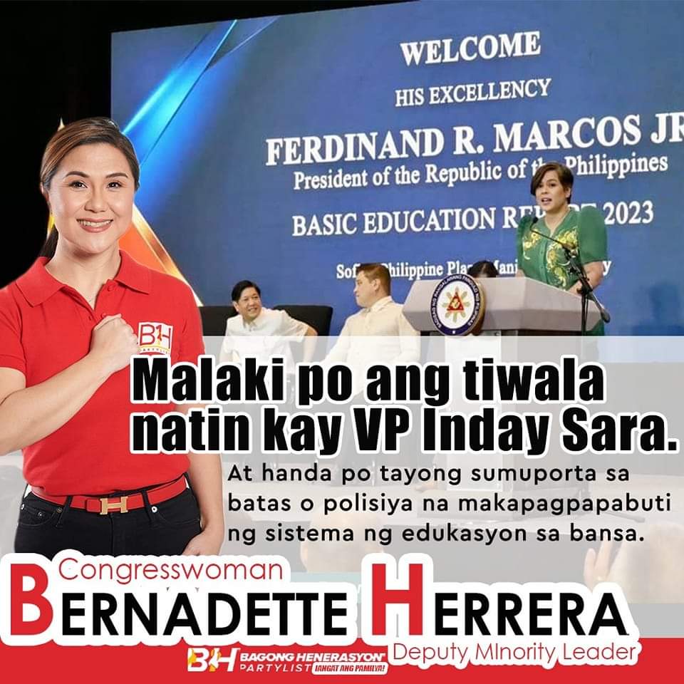 CongBHerrera's tweet photo. In VP Inday Sara Duterte we trust. 

Nakita natin ang pagpupursige ni VP Inday Sara upang mabuksan nang ligtas ang ating mga paaralan sa kanyang unang 7 buwan bilang DepEd Secretary. https://t.co/FDG9DnpgWX