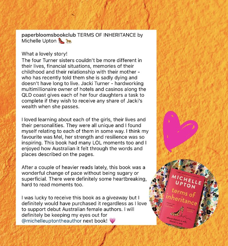 michelleuptonau's tweet photo. π§‘ππ₯°Huge thank you to the lovely @paperbloomsbookclub for reading and reviewing Terms of Inheritanceπ₯°ππβοΈπ΄π @HarperCollinsAU @HarperCollins
#termsofinheritance #michelleuptontheauthor #michelleuptonauthor #bookstagram #bookrecommendations #bookrecs #bookrecommendation https://t.co/zHXImF3a48