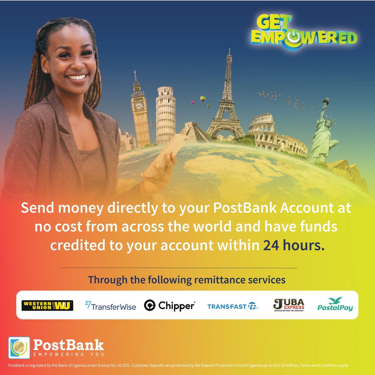 Send money directly to any PostBank account through our partners # WesternUnion #Chipper #Wise #Transfast #JubaExpress #PostalPay  #InternationalRemittance #Uganda
