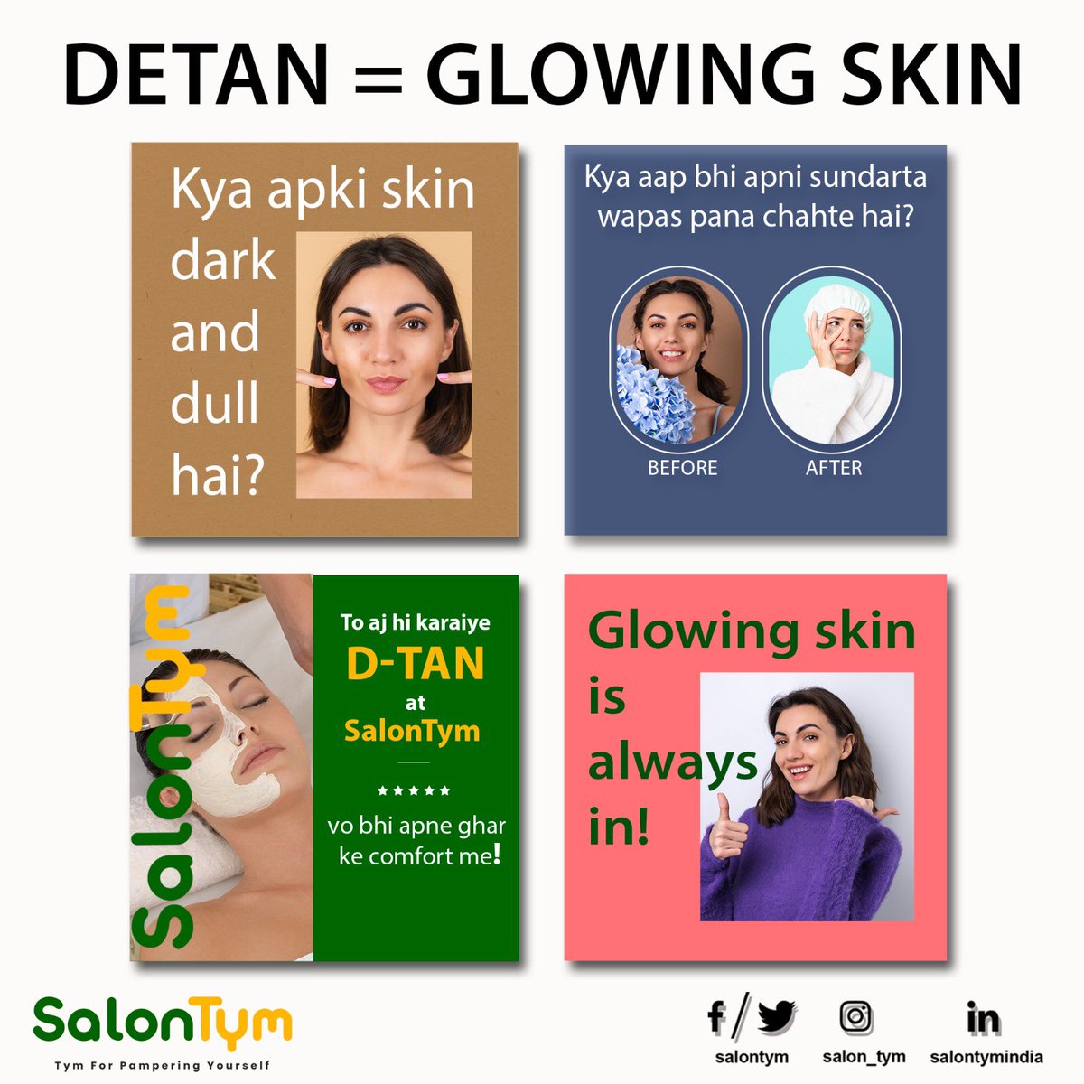 salontym's tweet photo. DTan = Glowing skin - tan
Glowing skin is always in! 

Kya apki skin dark and dull hai? 

Kya aap bhi apni sundarta wapas pana chahte hai?

To aj hi karaiye D-tan at SalonTym 
.
.
vo bhi apne ghar ke comfort me!
.
.
Book Now :- https://t.co/dTh8jg52jC
.
#beauty #skincare #dtan https://t.co/TlOyHjD29B