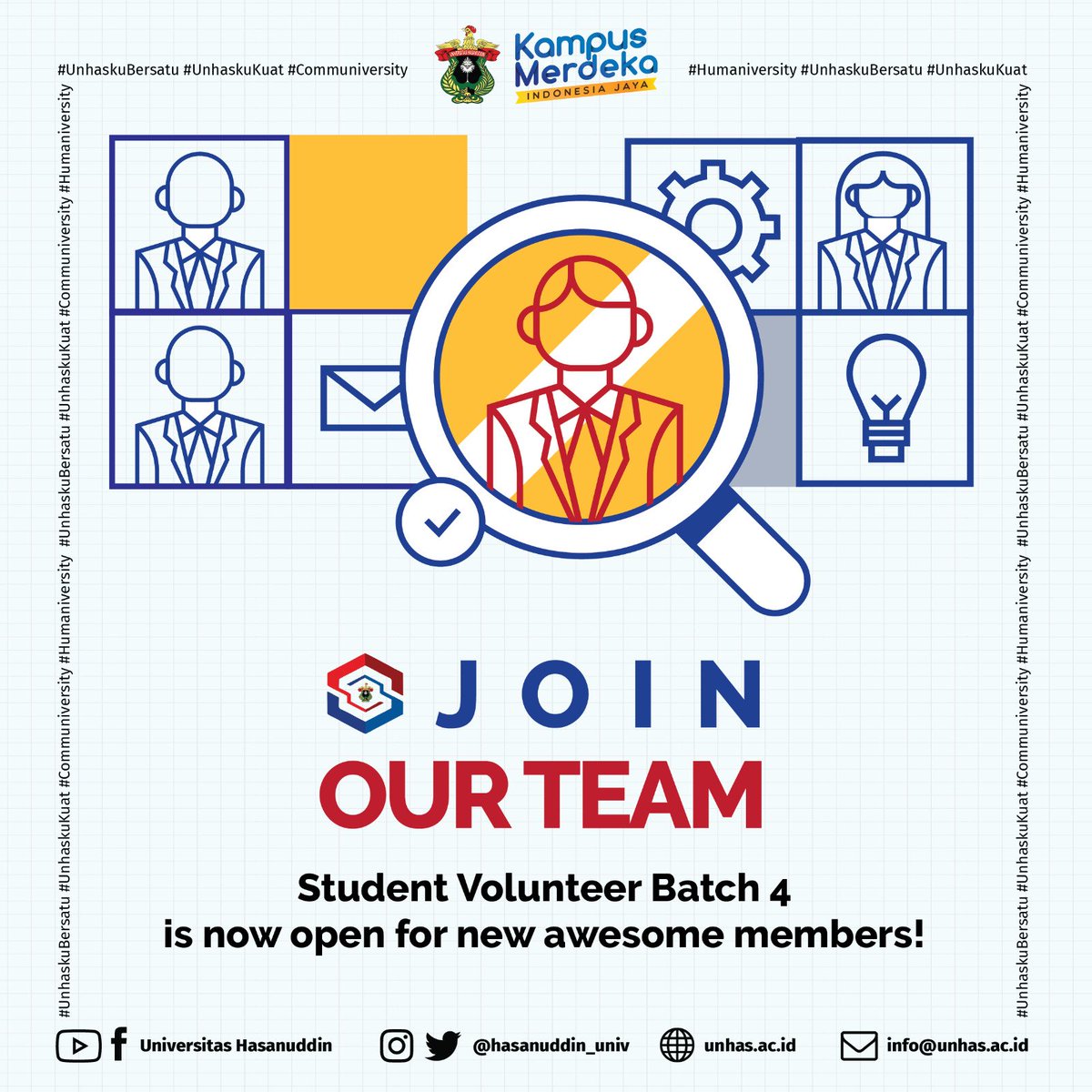hasanuddin_univ's tweet photo. Student Volunteer Unhas is looking for new awesome members to join us in batch 4! 🤩

Kantor Sekretariat Rektor Unhas membuka kesempatan buat kamu yang pengen mengembangkan diri dan personal branding kamu, sekaligus terlibat langsung di berbagai event. https://t.co/Z4UbOpfnxo