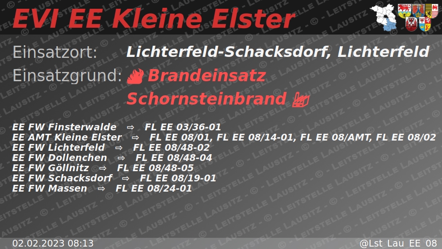 Lst_Lau_EE_08's tweet photo. 🚨 02.02.2023 08:13 🔥 🏭 B:Schornstein 🌐 Lichterfeld-Schacksdorf, Lichterfeld 🚒 ⇨ FW Finsterwalde, FW Lichterfeld, FW Dollenchen, FW Göllnitz, FW Schacksdorf, FW Massen https://t.co/kw2Qz5Uw6J