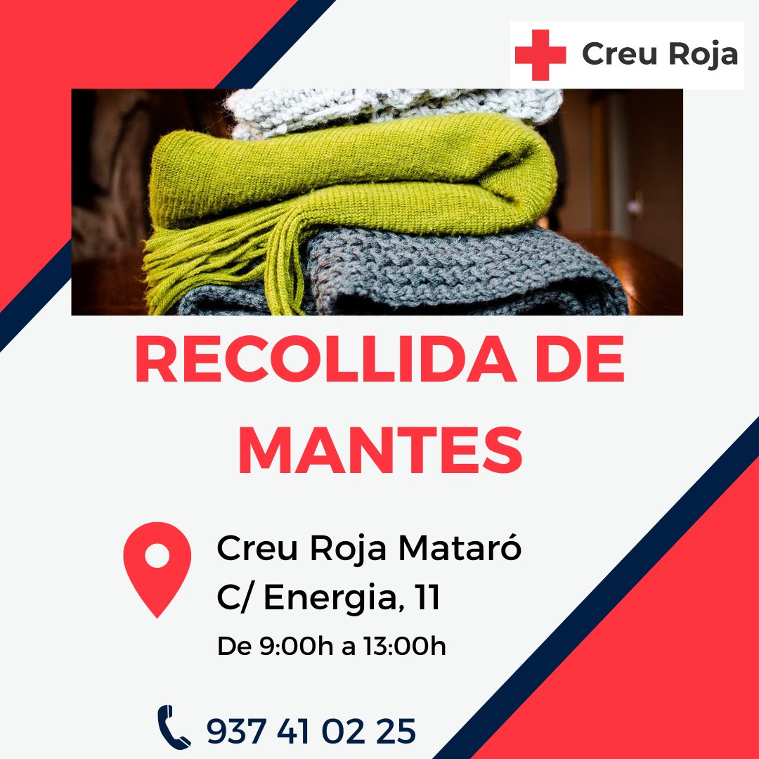 CreuRoja_Mataro's tweet photo. ❄️Per combatre el #fredintens, estem recollint #mantes per entregar a les persones que viuen al carrer o que atenem al centre d'acollida.
📌Si tens mantes que vulguis donar, pots fer-ho al C/Energia, 11! 🧣
👀Si necessites més informació pots trucar al 937 41 02 25❗️
#Mataró https://t.co/2a9DQ6nAxI