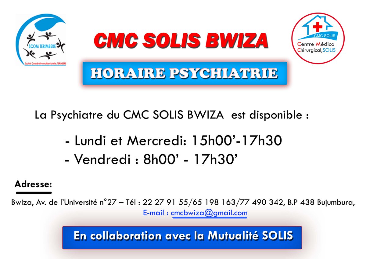 MutualiteSolis's tweet photo. Mwaramutse impore basomyi,bakunzi namwe banwanyi bacu
Muntumbero yo kubandanya tubabungabungira amagara neza, Turabamenyesha ko Ivuriro #CMC_SOLIS_Bwiza ribafitiye umuganga w’indwara zo mumutwe (Psychiatre)
Urutundo n'Amasaha yakirirako abarwayi : voir Photo https://t.co/f0wdpJpIZg