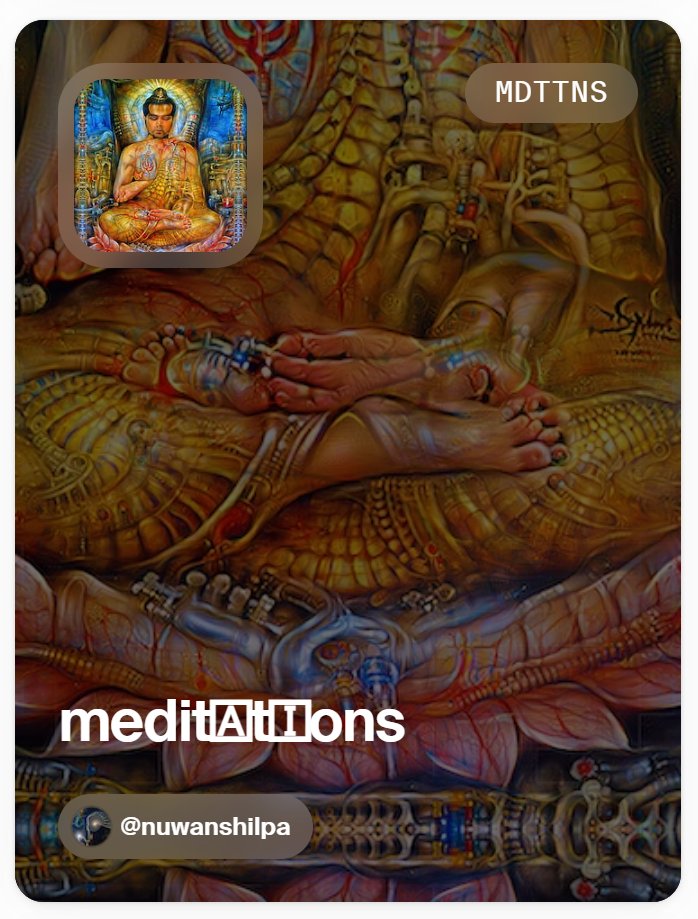 NuwanShilpa's tweet image. Collection Super Thread! (Keep Reading!) 

medit🄰t🄸ons 

this series is an exploration of spiritual imagery through Artificial Intelligence

9 NFTs | 1 Sold | 8 available

0.111 $ETH reserve

foundation.app/collection/mdt…

#AIIA #visionaryai