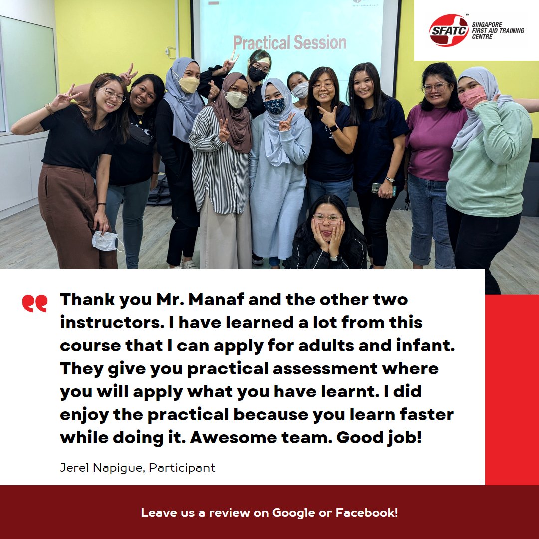 sfatc's tweet photo. Thank you for Jerel Napigue for your feedback! We are glad you learnt a lot of things while at #SGFIRSTAID.β
β
Call us NOW to find out how you can be a first responder too !
β
Tel: +65 6297 8123β
WhatsApp: +65 8671 5681β https://t.co/Jb9vxkkysF