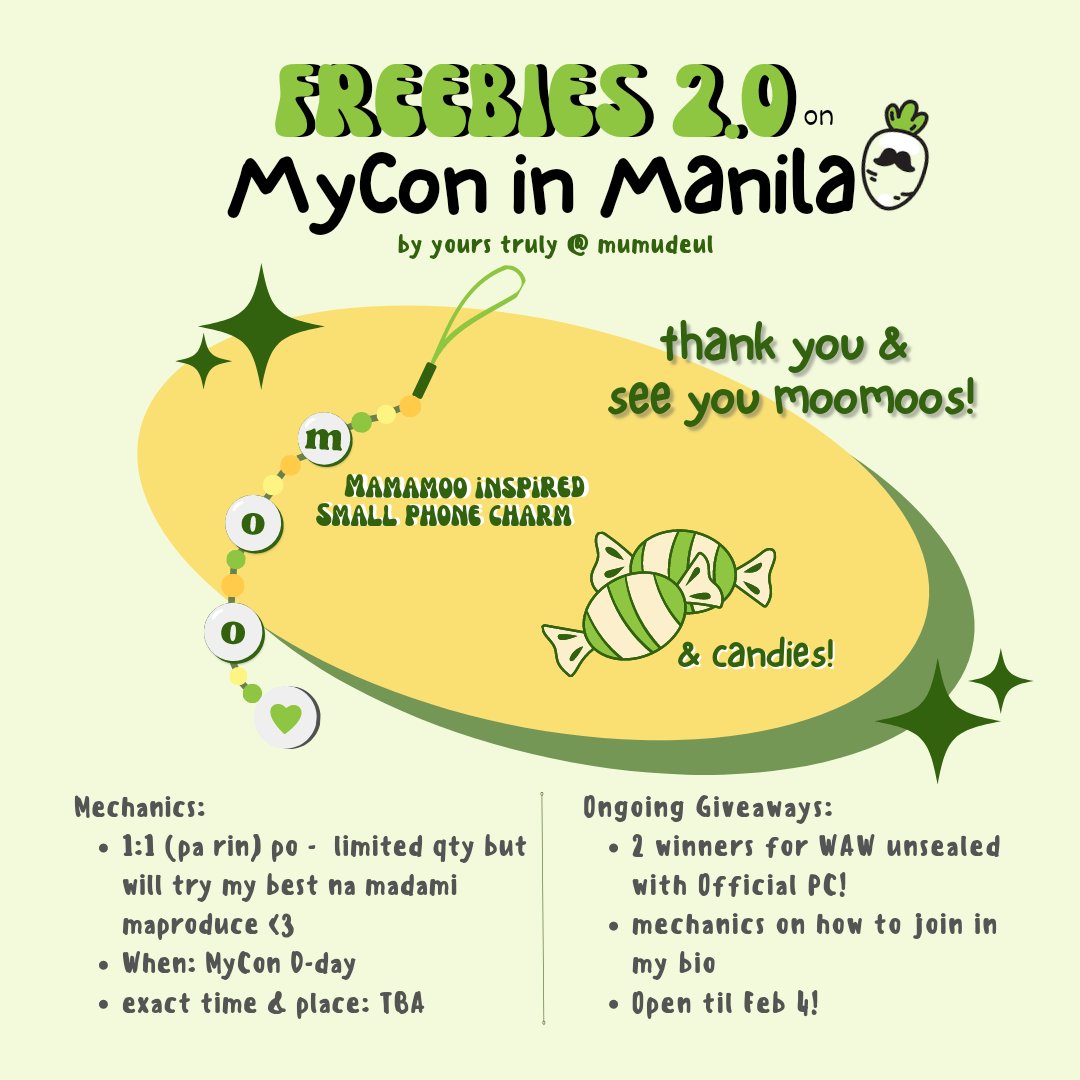 mumudeul's tweet photo. Hello moomoos~ D-10!! AHHHCK sobrang excited nako kaya mej ia kasi nilamon na ako ng work HAHA anws!!! 

🌱Freebies 2.0🌱
MamaMoo inspired phone charms! 💚🤍
🦋 small but made with lüv 🥹🫶
🦋 limited po so will post on d-day san nyo po aqu mahahagilap 🤭

other notes 👇
see ü!! https://t.co/qT0f503Blk