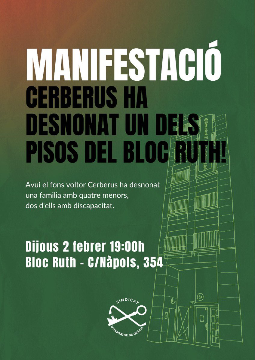 📢 Avui ens hem llevat amb la policía a la porta i han fet fora a les nostres companyes, per això, convoquem MANIFESTACIÓ 🔥

⏰ Avui 2 de febrer 19h
📌 Bloc Ruth, Nàpols 354