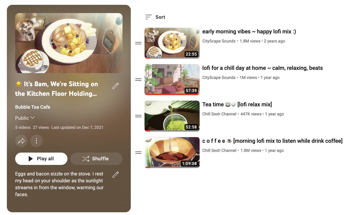 BubbleTea_Cafe's tweet photo. ☀️ It's 8am, We're Sitting on the Kitchen Floor Holding Mugs of Hot Milk Tea ☕

We created youtube playlists for each of our tea flavors! Enjoy~ https://t.co/HPBxftCOHY