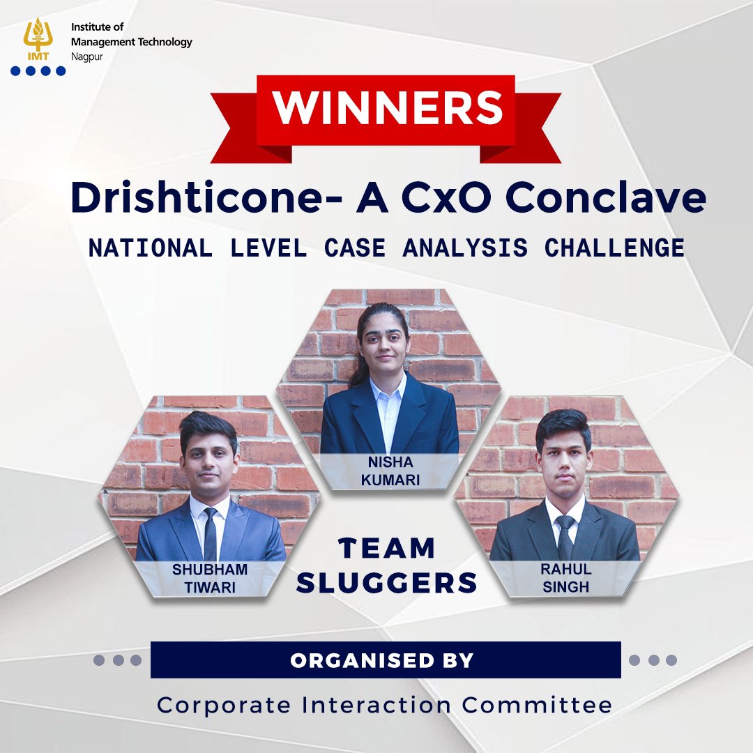 IMT_Nagpur's tweet image. #IMTNagpur was elated to host &apos;A CxO Challenge- A National Level #CaseAnalysis Challenge&apos; during the 8th edition of Drishitcone.
The Institute extends its heartfelt wishes to the Team Sluggers (@NishaSheoran18, Shubham Tiwari, &amp;amp; @rahulsnigg) for winning the competition.