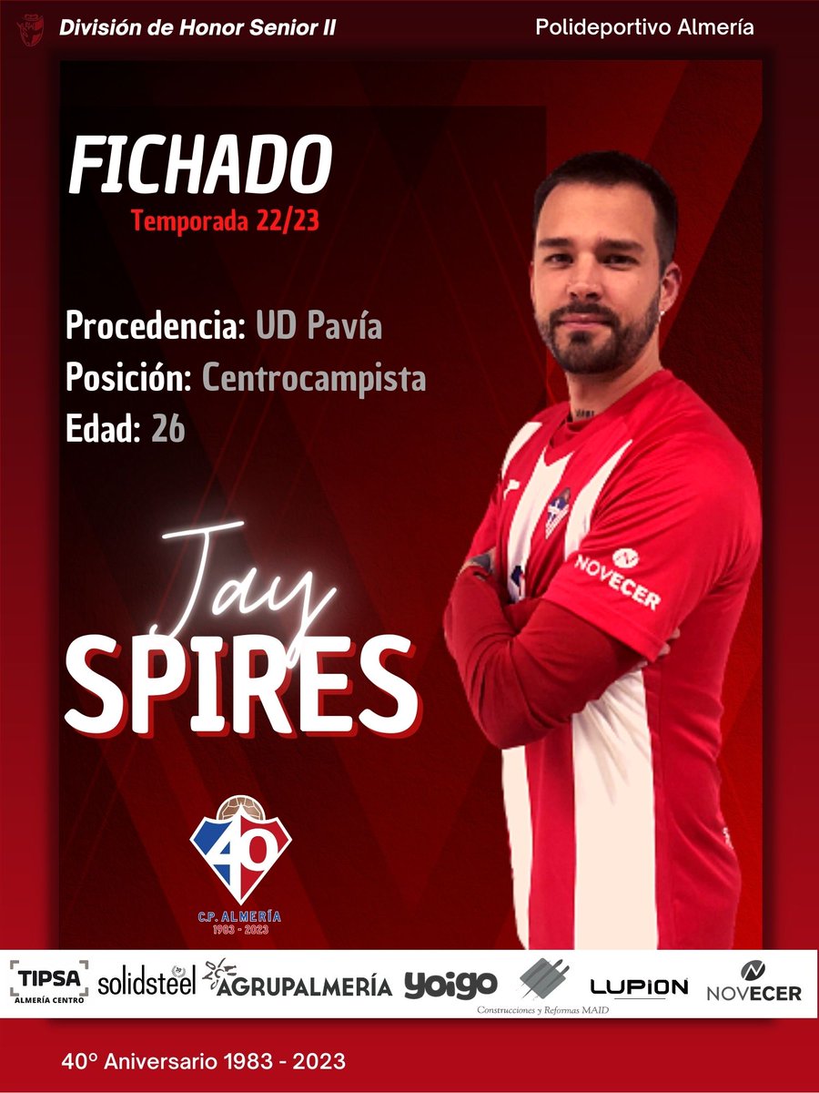 PoliAlmeria's tweet photo. FICHAJE | Temporada 2022/23

🏴󠁧󠁢󠁥󠁮󠁧󠁿Desde tierras inglesas (aunque lleva mucho en nuestra ciudad), llega el nuevo fichaje. Se trata de Jay Spires (@jnano25), centrocampista procedente del UD Pavía, con amplia experiencia en 3ª División.

😍¡Bienvenido Jay!

👉https://t.co/bVPLxXvdbD https://t.co/frATNAj5ny