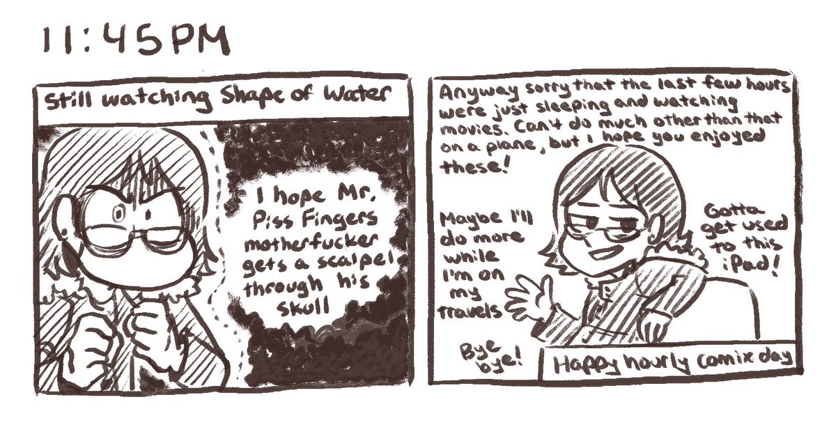 Hourly Comic Day, part 8! The end! I think I've done the most hourlies I ever could HAHAHAHA thank you for joining me!! I am still on the plane….. gonna blob around now zzzz