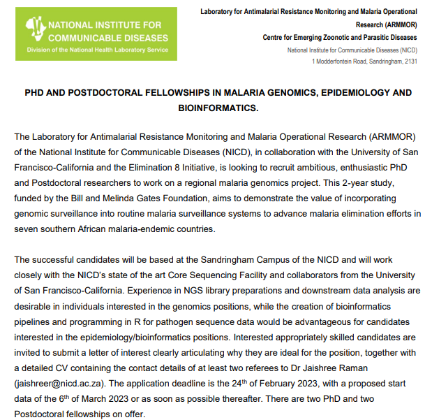 #PhD and #Postdoctoral Fellowship on #Malaria #Genomics.

#Bioinformatic #Epidemiology

Check here : ow.ly/HCNg50MGxxP

@PhDVoice @womeninmalaria @MESAmalaria @nzioka_munywoki