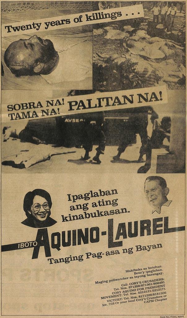 ProjectGunitaPH's tweet photo. #Snap86 | Snapshots from the 1986 snap elections, campaign, and fraud
Isa ito sa maraming campaign materials ng Aquino-Laurel ticket noong kampanya ng 1986. Malinaw ang isyu: mga patayan sa ilalim ni Marcos. Malinaw ang tugon: Sobra na, tama na, palitan na!
#DefendHistoricalTruth https://t.co/h0u0X8IuwY