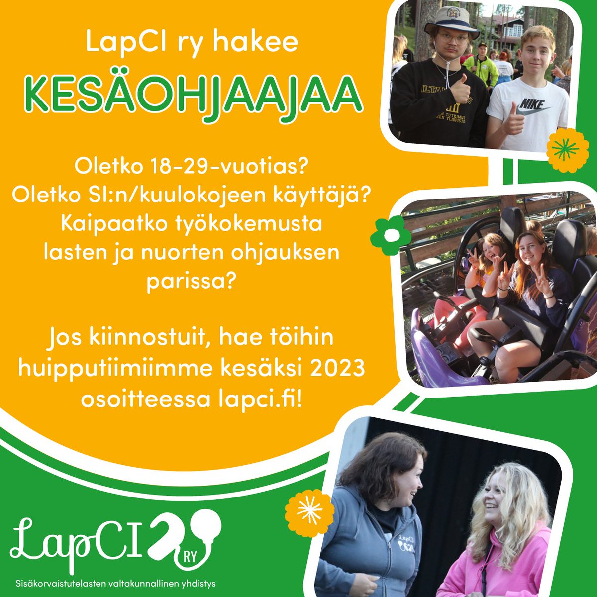 LapCI ry hakee tiimiinsä kesäohjaajaa! ☀️ Kesäohjaaja tulee toimimaan apulaisena yhdistyksen järjestämissä tapahtumissa. Työhön palkataan 18-29-vuotias huonokuuloinen (SI:ta tai kuulokojetta käyttävä) nuori. Tätä saa jakaa! #AvoinTyöpaikka 

Lue lisää 👉 lapci.fi/blogi/lapci-ry…