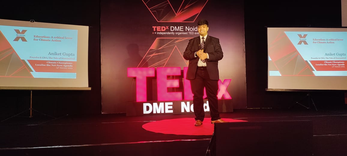 Proud of our student @TheAniketGupta2, who recently delivered his 3rd TEDx talk at TEDxDME Noida themed 'Climate Champions: Localising the net zero agenda'. In his talk, he highlighted the essential role of education in combatting #climatechange.