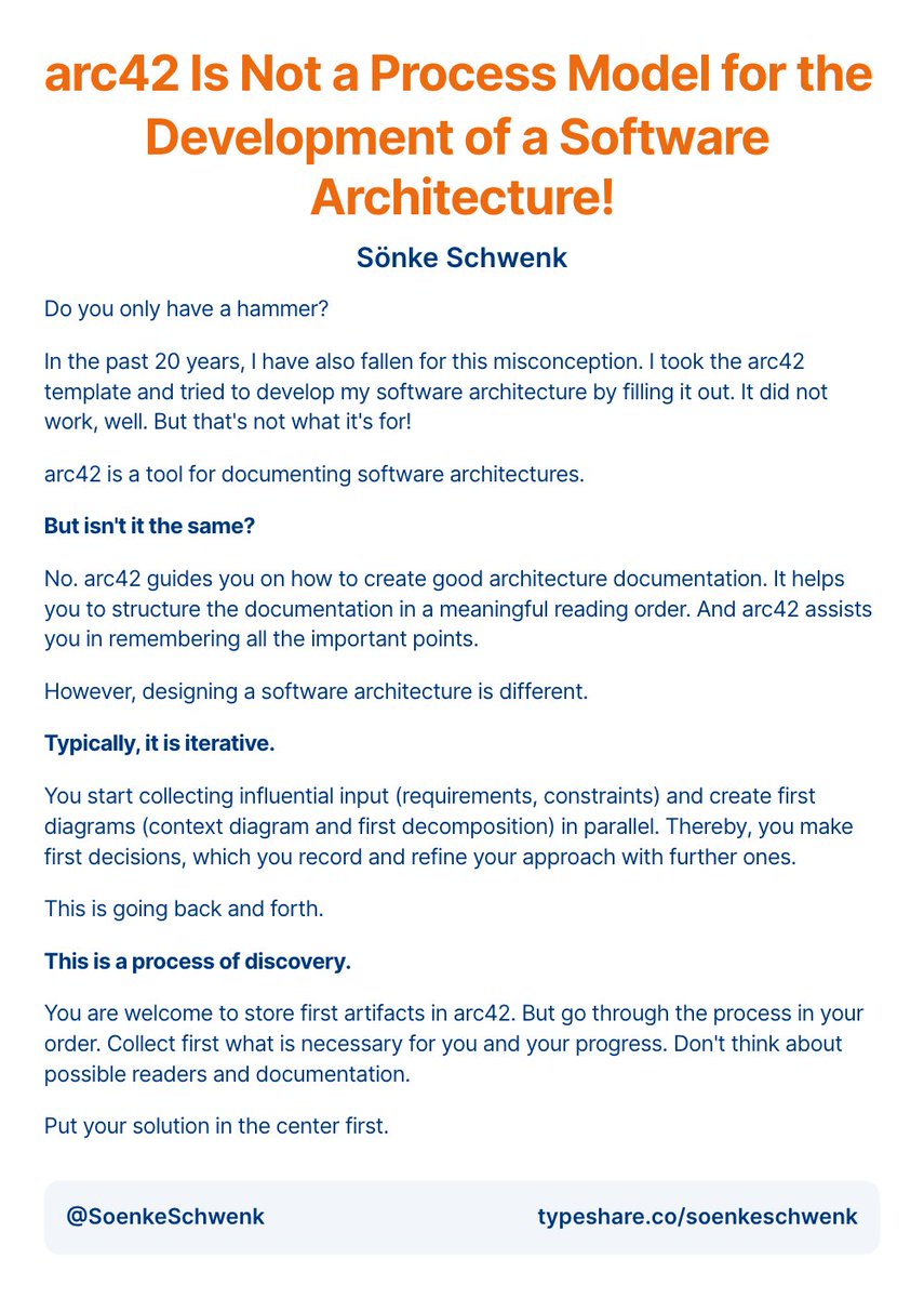 SoenkeSchwenk's tweet photo. arc42 Is Not a Process Model for the Development of a Software Architecture!
#arc42 #softwarearchitecture #designprocess #documentationisdifferent https://t.co/EFO3mmhVKP