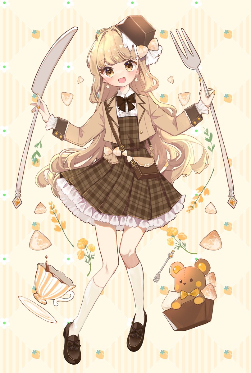 1girl solo blonde hair food-themed hair ornament bow hat personification  illustration images