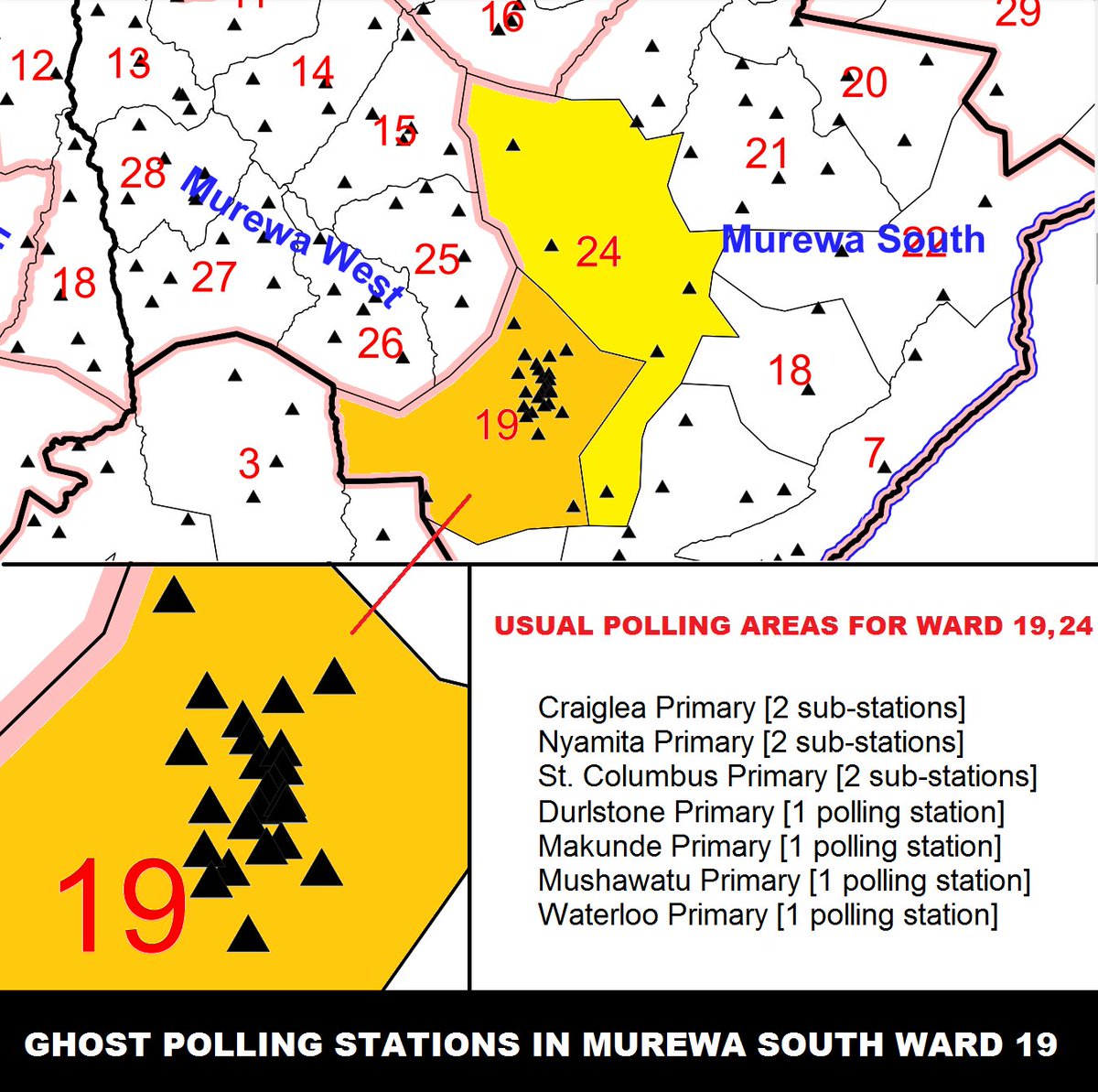 PacheduZW's tweet photo. We visited Murewa to investigate 23 ghost polling stations on the delimitation map.
They are not known and some are located on residential homes.
We also confirmed that Ward 19 was annexed from Ward 24 which once had only 10 stations not the 31 on the delimitation map.
@ZECzim https://t.co/vPZLm9uj7t