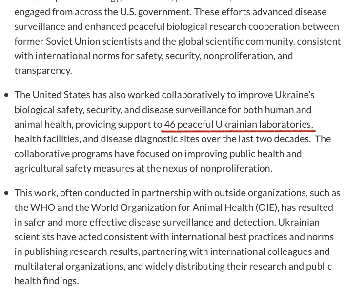 The US admits 46 "peaceful" labs in Ukr. 

- Why are they financed by US Dep of Defense? 
- Why are they all working with pathogens? 
- Why did us.gov webpage delete evidence of the labs? 
- Why was the US so eager to destroy all evidence inside the labs?

--->>