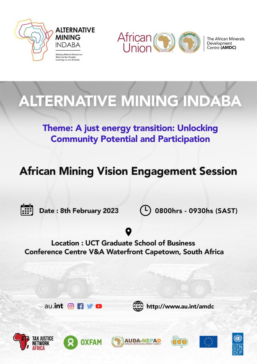 African Minerals Development Centre (AMDC) (@africanamdc) on Twitter photo Africa Mining Vision #AMV,a “transparent, equitable & optimal exploitation of mineral resources to underpin broad-based sustainable growth and socio-economic development.” Join us at the <a href="/AltMiningInd/">AMIndaba</a> as we engage on #AMV <a href="/TaxJusticeAfric/">Tax Justice Network Africa</a> <a href="/StopIFF/">#StopTheBleeding</a> <a href="/NEPAD_Agency/">AUDA-NEPAD</a> Africa Mining Vision #AMV,a “transparent, equitable & optimal exploitation of mineral resources to underpin broad-based sustainable growth and socio-economic development.” Join us at the <a href="/AltMiningInd/">AMIndaba</a> as we engage on #AMV <a href="/TaxJusticeAfric/">Tax Justice Network Africa</a> <a href="/StopIFF/">#StopTheBleeding</a> <a href="/NEPAD_Agency/">AUDA-NEPAD</a>