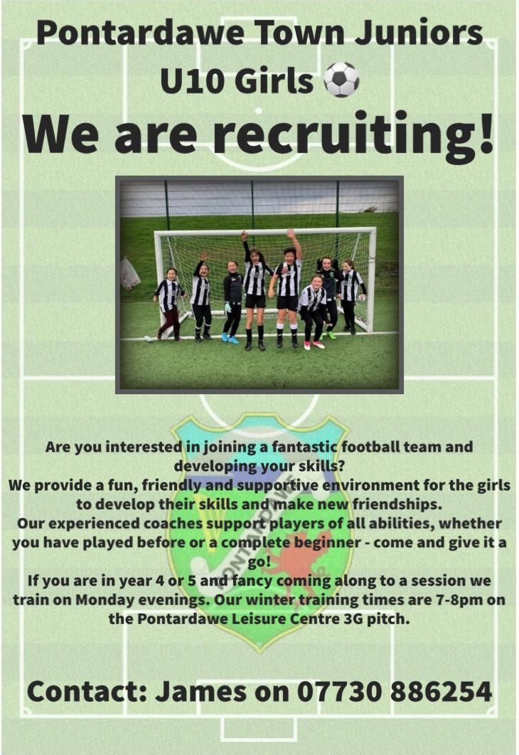 We are looking to recruit more players to our Girls teams so please share this and get in touch with James #WeArePonty #ThePontyWay