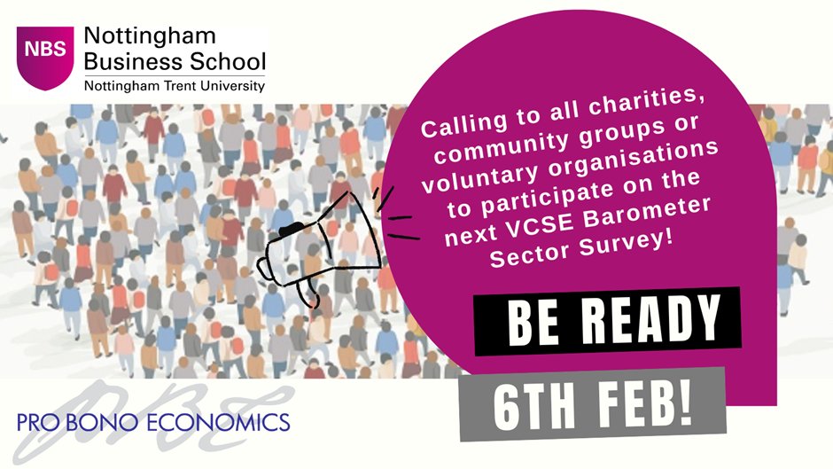 Opening soon! The VCSE Barometer Survey focusing in #workforce. Be ready on 6th Feb! Pls RT

#VCSE #charities #communitygroups #recruitment #retention 

In partnership with @NBS_NTU @ProBonoEcon @VCSEObservatory 

Register your interest bit.ly/3j3rKqg