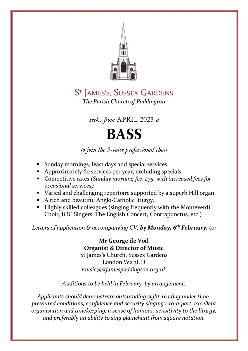 4 days left to apply. Fantastic choir and gorgeous repertoire in one of London’s best acoustics.