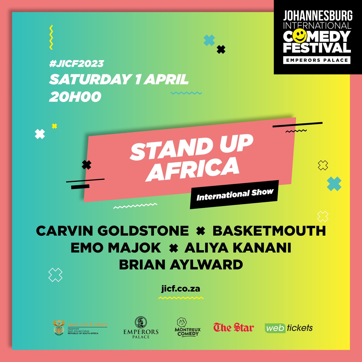 #JICF2023 Tickets for #StandUpAfrica are now available! Visit jicf.co.za to book and subscribe to our mailing list to receive discount code.

#CarvinGoldstone <a href="/basket_mouth/">Basket Mouth</a> <a href="/Emo_Majok/">Emo Majok</a> #AliyaKanani #BrianAylward